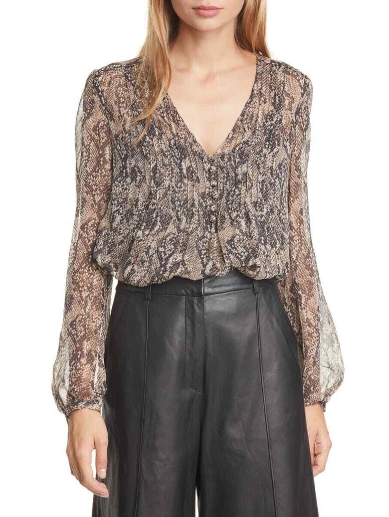 Veronica Beard Lowell Snake Python Print Pintuck Silk Blouse V-Neck Top Size 4